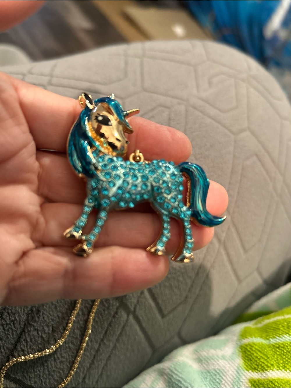 Private Label Teal Unicorn Pendant Necklace with Gold Accents. Dr 50